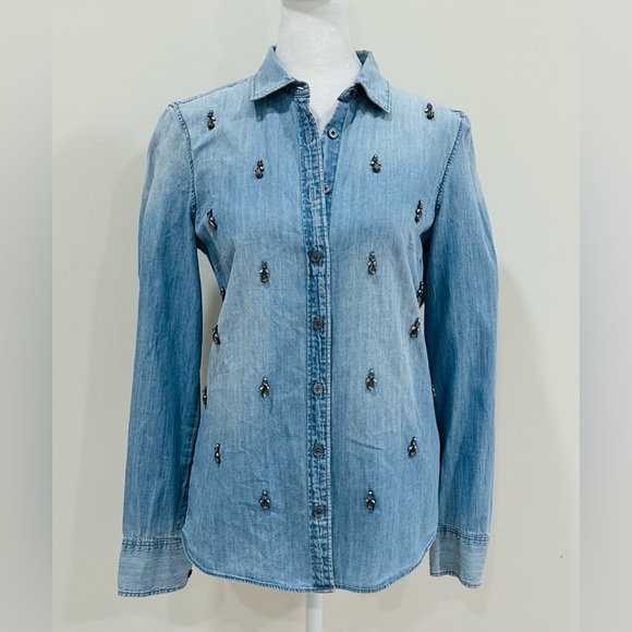 J CREW Top Womens Size 2 Blue‎ Chambray Rhinestone Button Up Embellished Bling - Picture 1 of 12
